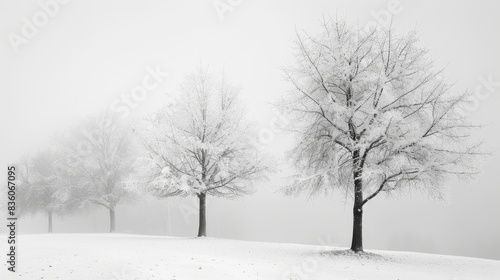 Snow covered trees on a foggy winter day