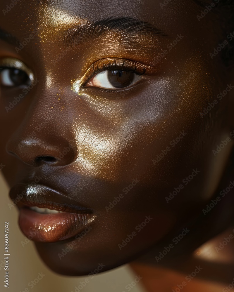 Close-up portrait of a woman with dark skin and gold makeup. Close-up portrait of a woman with dark skin and gold makeup.