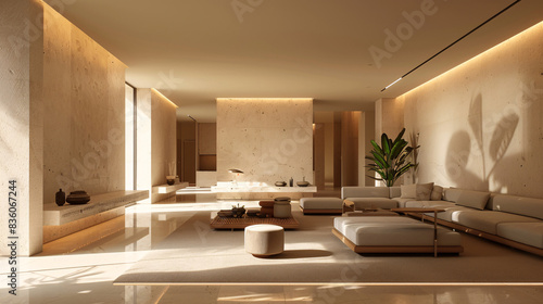 Sophisticated minimalist design with sleek furniture, warm lighting, and contemporary decor