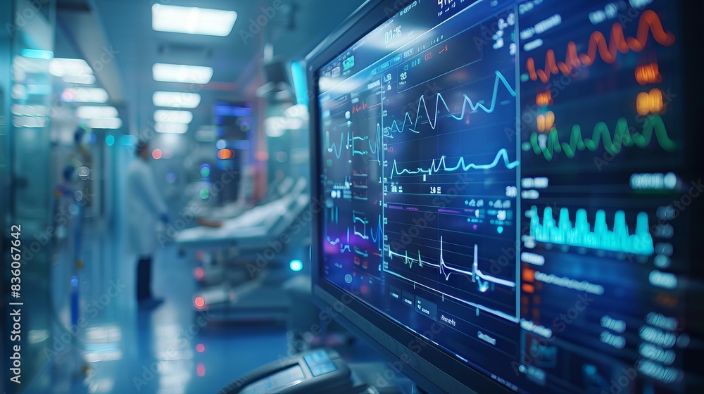 Modern hospital ICU with advanced medical monitoring equipment, highlighting technology and healthcare professionals in critical care setting. Modern hospital ICU with advanced medical monitoring equipment, highlighting technology and healthcare professionals in critical care setting.