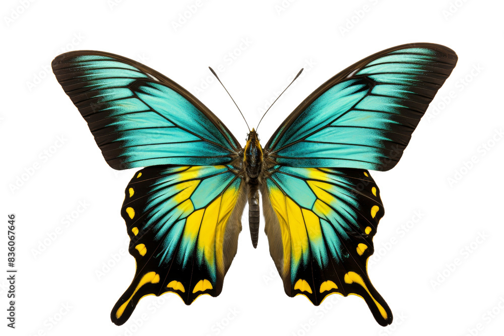 Vibrant butterfly with striking blue, yellow, and black wings, showcasing nature's stunning color palette in intricate detail. Vibrant butterfly with striking blue, yellow, and black wings, showcasing nature's stunning color palette in intricate detail.