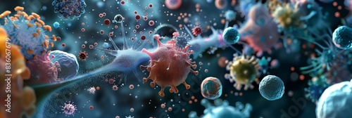 A high-resolution 3D-rendered image featuring vivid virus particles in various shapes, representing the concept of infection and immunity in a dynamic scene