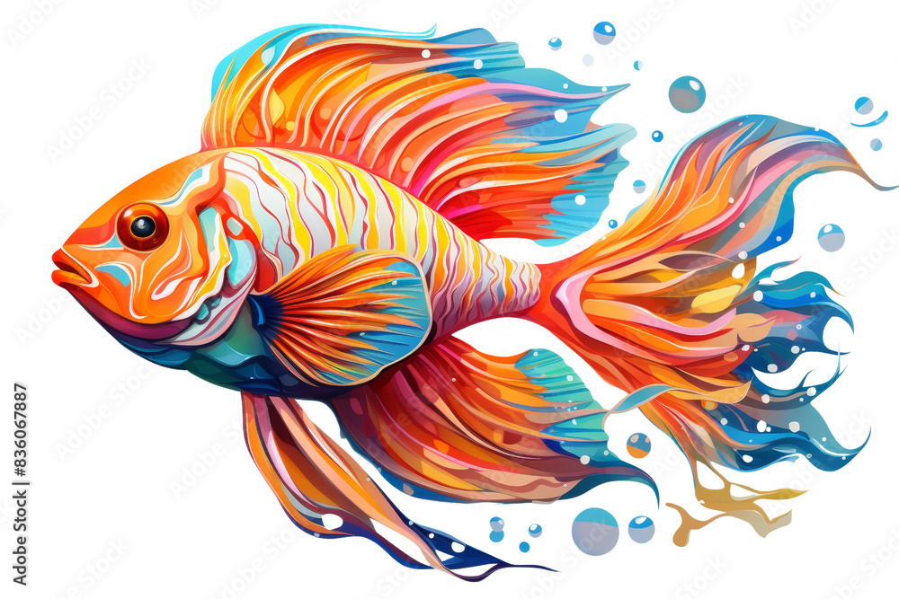 Fototapeta premium Vibrant orange fish illustration with intricate details, showcasing flowing fins and dynamic water splashes in an artistic style.