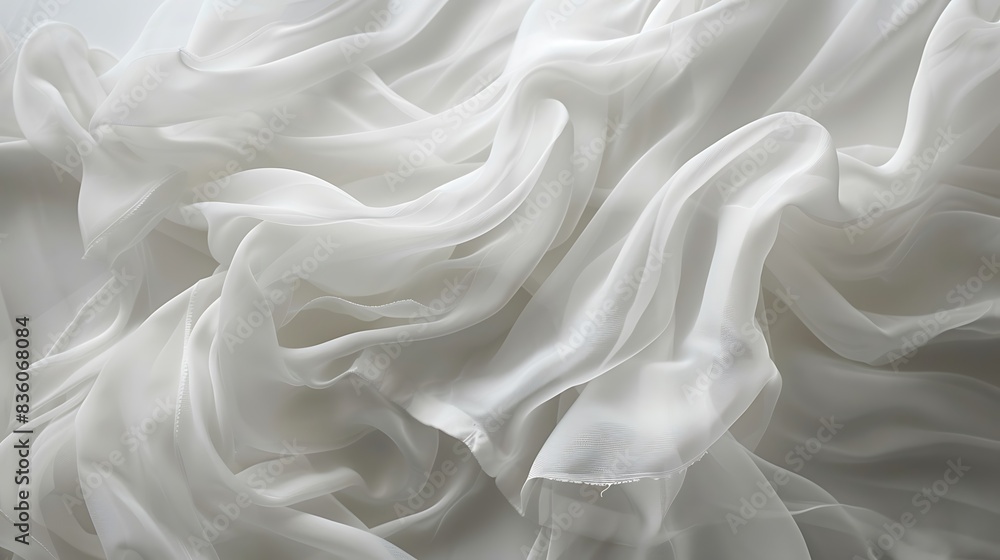 Delicate white fabric gracefully drifting, evoking a sense of tranquility. Delicate white fabric gracefully drifting, evoking a sense of tranquility.
