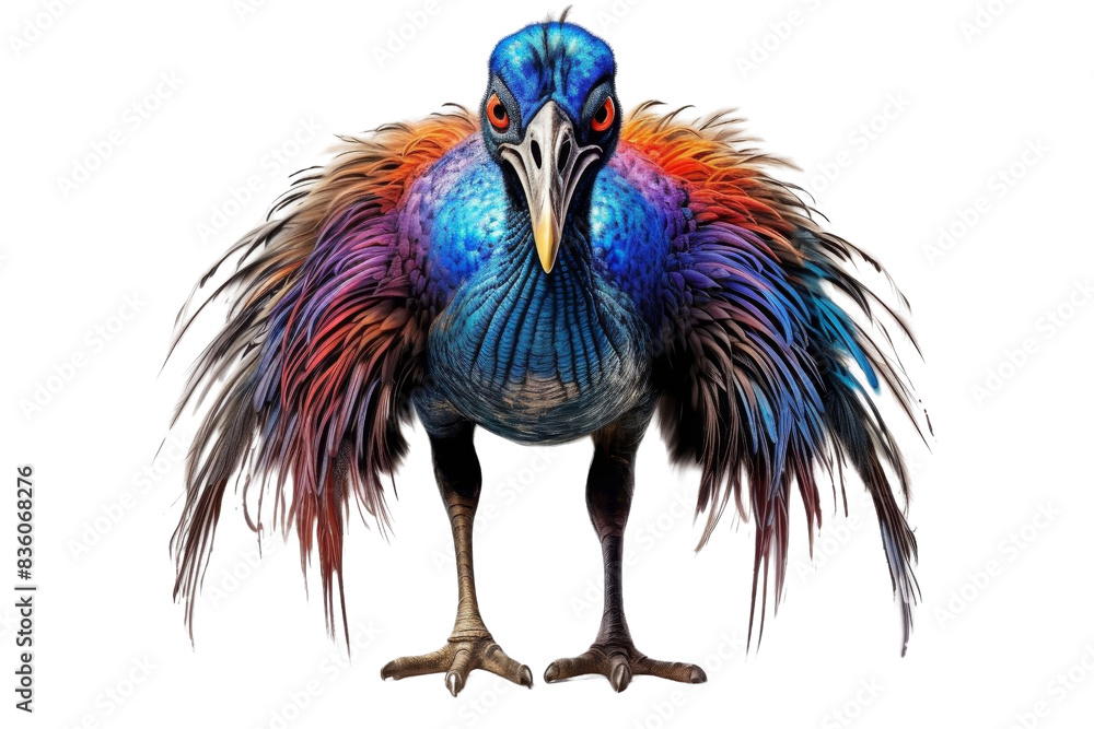 Fototapeta premium Vivid and colorful exotic bird with bright feathers, standing isolated on a transparent background. Perfect for nature, wildlife, and bird-themed projects.