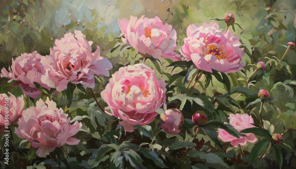 Fototapeta premium Blooming Beauty: Peonies Grace the Park's Landscape --ar 7:4