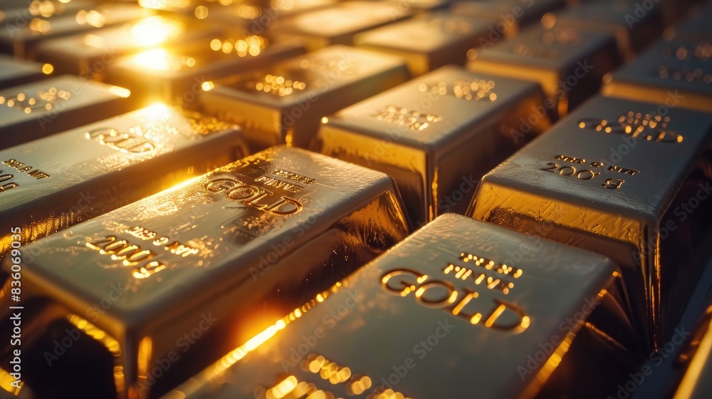 Gold bars stacked symmetrically, each bar engraved with purity and weight markings, representing investment security Gold bars stacked symmetrically, each bar engraved with purity and weight markings, representing investment security