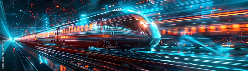 Futuristic High Speed Transportation Network with Automated Vehicles and Trains in Luminous City Landscape Futuristic High Speed Transportation Network with Automated Vehicles and Trains in Luminous City Landscape
