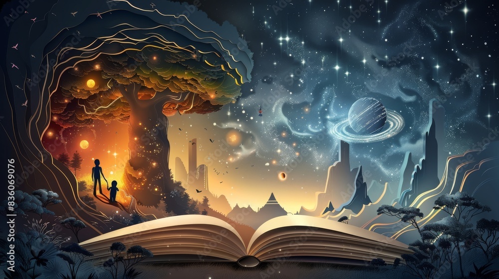 A book is open to a page with a tree and a planet A book is open to a page with a tree and a planet