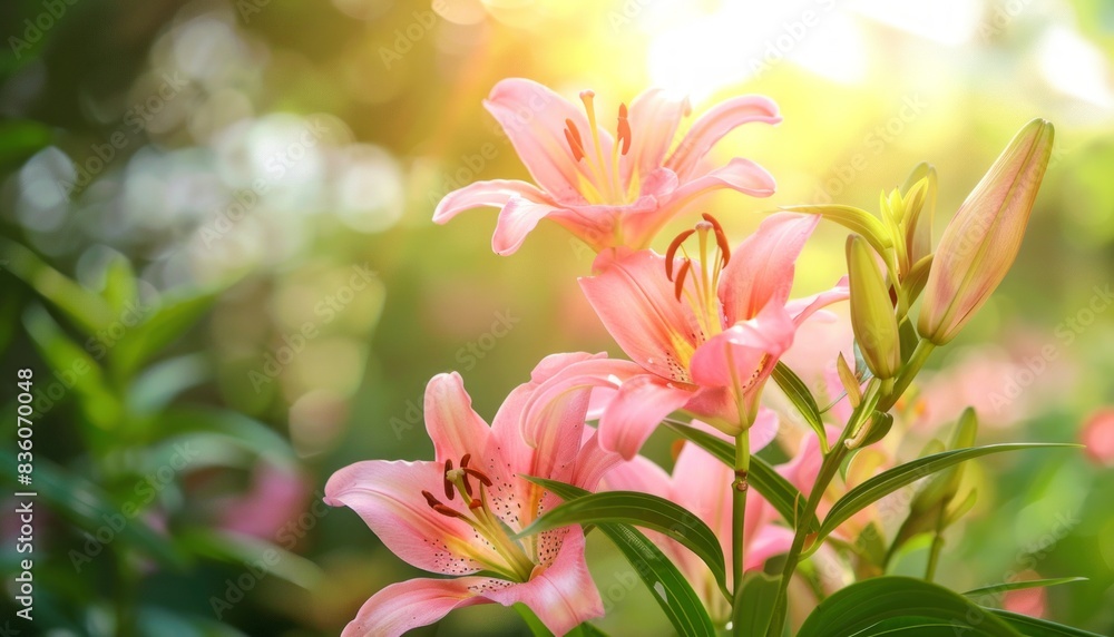 Pink Lilies Blooming in the Summer Garden: A Stunning View of Nature's Beauty Pink Lilies Blooming in the Summer Garden: A Stunning View of Nature's Beauty