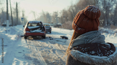 Witnessing the aftermath of a traffic collision on a icy road photo