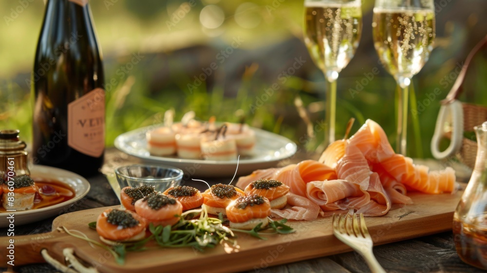 A gourmet picnic spread featuring caviar-topped blinis, smoked salmon, and champagne, enjoyed alfresco in a picturesque setting. A gourmet picnic spread featuring caviar-topped blinis, smoked salmon, and champagne, enjoyed alfresco in a picturesque setting.