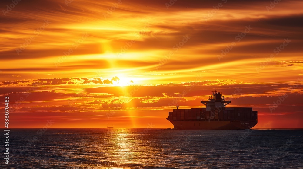 Sunset view of a container ship at sea, with the silhouette of containers creating a striking image Sunset view of a container ship at sea, with the silhouette of containers creating a striking image