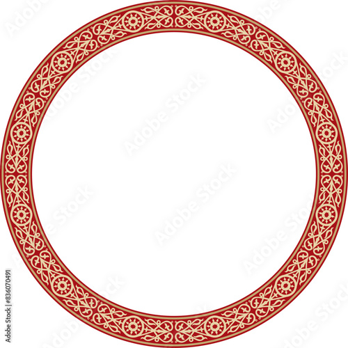 Vector golden and red round Yakut ornament. Endless circle, border, frame of the northern peoples of the Far East.