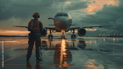 Aviation worker with signal batons guiding a commercial airplane on a reflective rainy airport runway at sunset photo