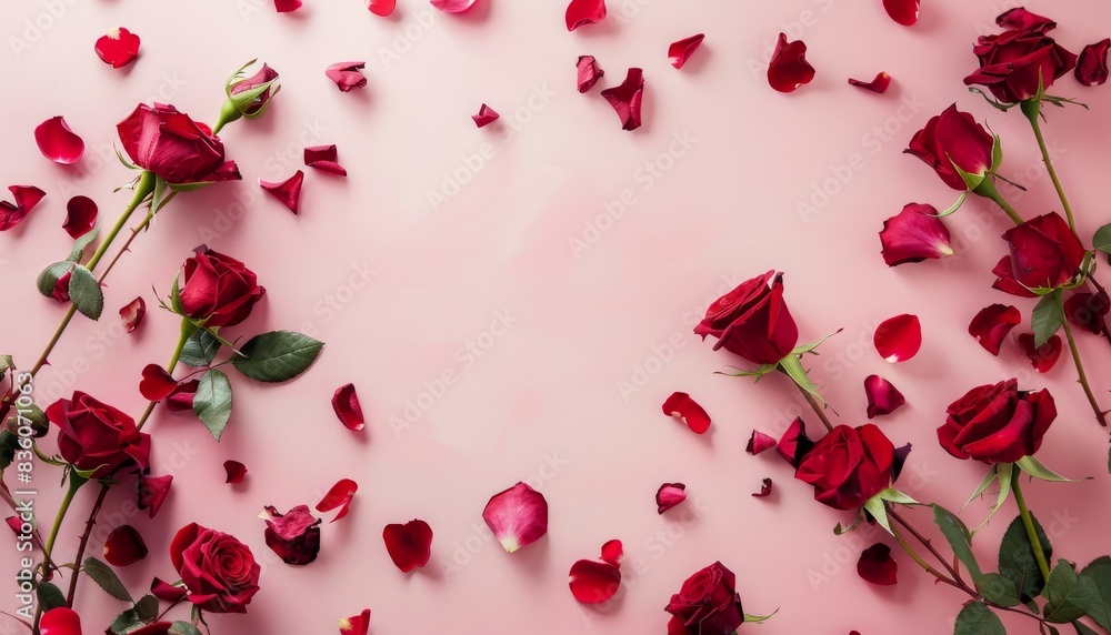 Serene Beauty: Red Roses and Petals on a Pale Pink Canvas Serene Beauty: Red Roses and Petals on a Pale Pink Canvas
