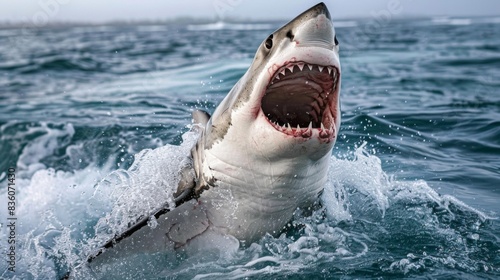 A great white shark breaching the surface with its jaws wide open  showcasing its power and dominance in the ocean.