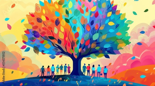 Illustration of a large tree with colorful leaves and people standing around it, symbolizing community and diversity.