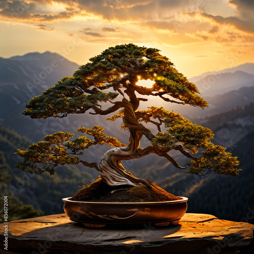 informal upright juniper bonsai with mountain view at sunset photo