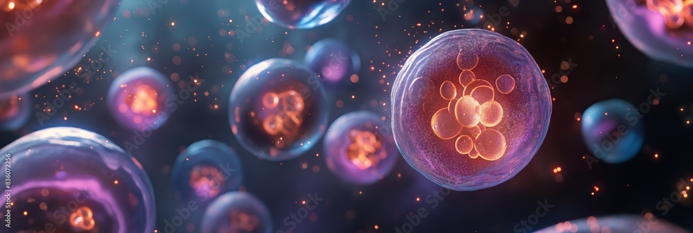 This image showcases a visually rich 3D rendering of cells, possibly stem cells, with vibrant colors and a high level of detail This image showcases a visually rich 3D rendering of cells, possibly stem cells, with vibrant colors and a high level of detail