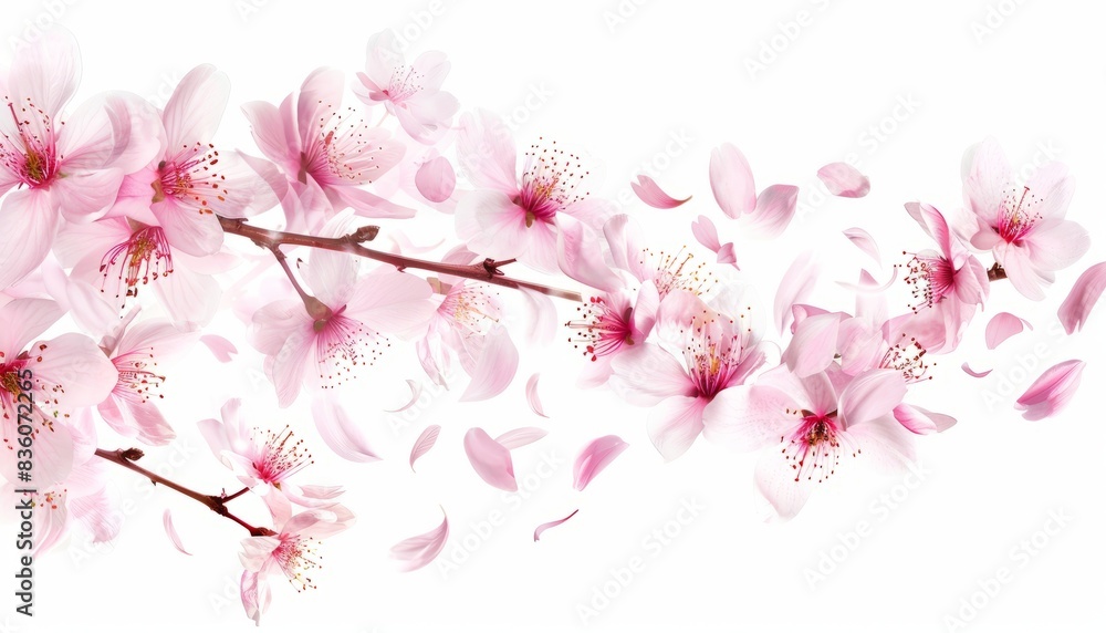 Obraz premium Pristine Beauty: Sakura Petals in Flight on a White Canvas - Stunning Banner Design (Aspect Ratio 7: