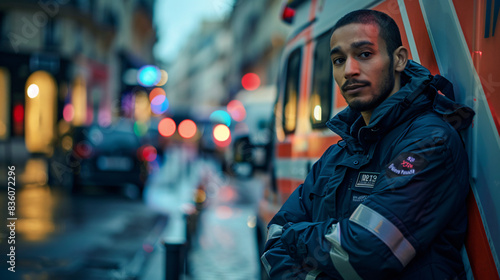 Paramedic resting against an ambulance at dusk, with city lights in the background out of focus