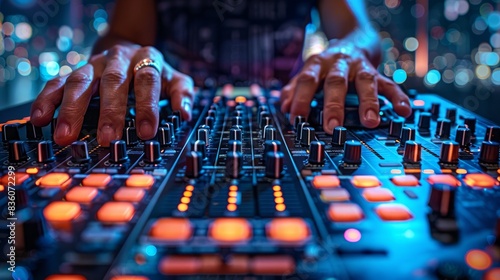 DJ mixing music on console at the night club  photo