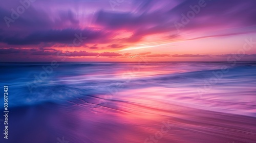 A colorful display lights up the horizon as the sun rises over an ocean beach, blending vivid colors into a captivating morning scene  © Nicat