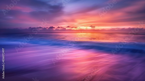 A colorful display lights up the horizon as the sun rises over an ocean beach  blending vivid colors into a captivating morning scene 