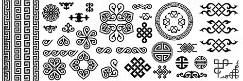 Set of Mongolian ornamental elements, national ornament, seamless pattern, vector design