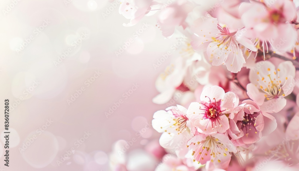 Fototapeta premium Pastel Pink Cherry Blossoms in Full Bloom: A Wide Header Perspective