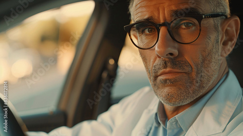 Senior man in glasses driving a car, illuminated by the soft evening light © Michael