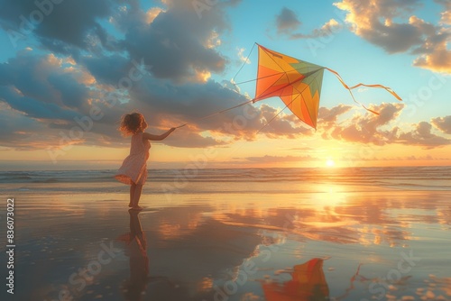 Girl flying colorful kite on beach at sunset with ocean waves and cloudy sky in the background.