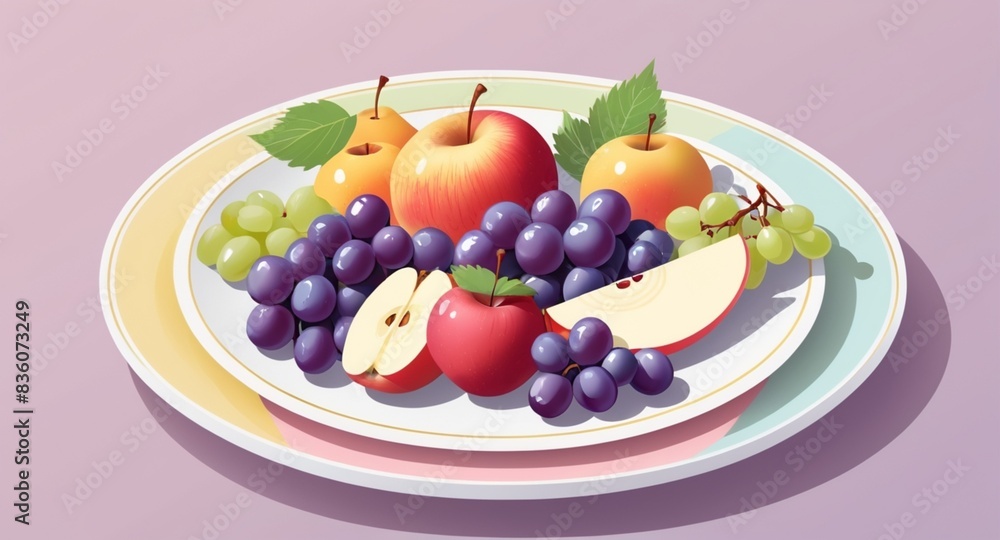 Design a flat vector illustration of a dessert plate with fruits. Include slices of apple, grapes, and a small bunch of berries. Design a flat vector illustration of a dessert plate with fruits. Include slices of apple, grapes, and a small bunch of berries.