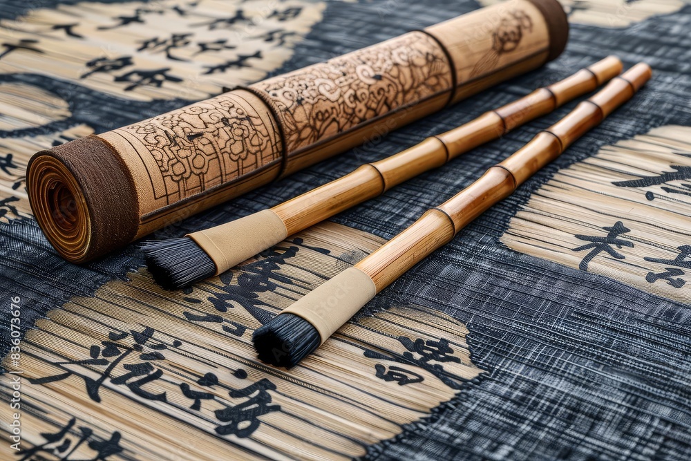 Traditional Chinese calligraphy brushes and scroll on rice paper Traditional Chinese calligraphy brushes and scroll on rice paper