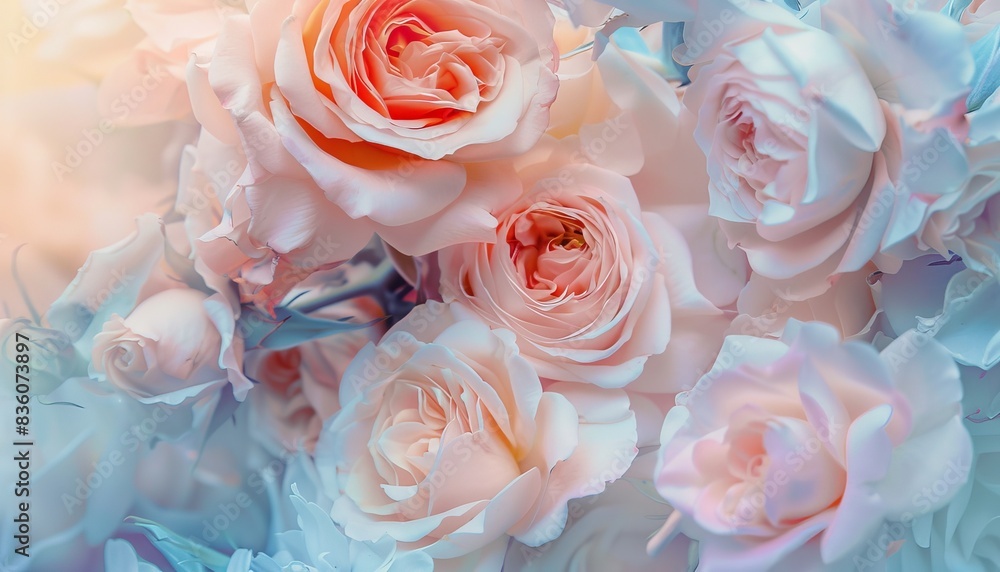 Blooming Beauties: A Festive Floral Background of Delicate Roses in Pastel Tones Blooming Beauties: A Festive Floral Background of Delicate Roses in Pastel Tones