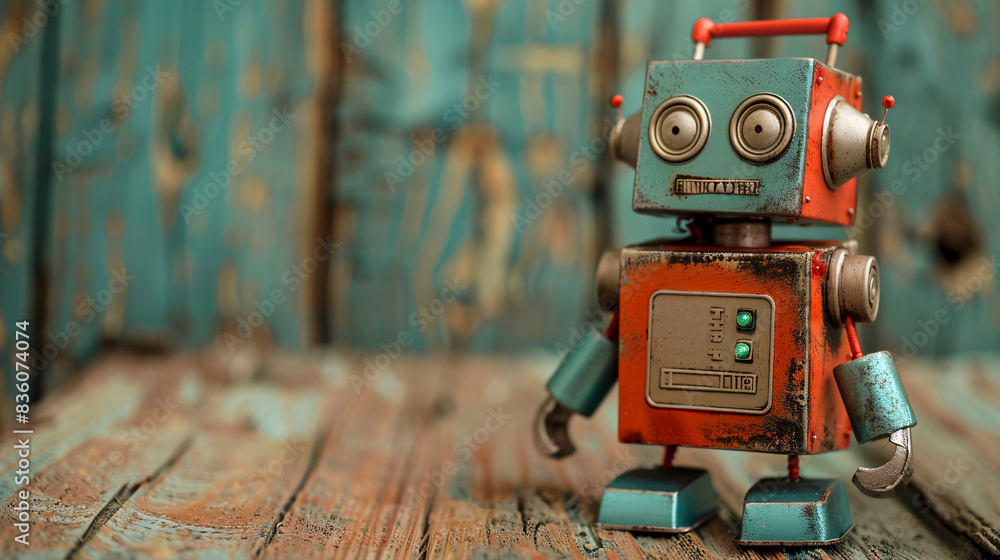 Fototapeta premium Vintage robot toy in a black and white sketch, designed as a digital decoration for posters