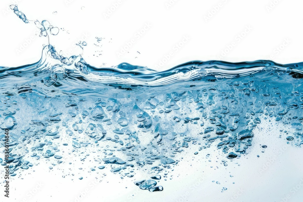 clean blue water surface with splash, ripple and air bubbles underwater on white background clean blue water surface with splash, ripple and air bubbles underwater on white background