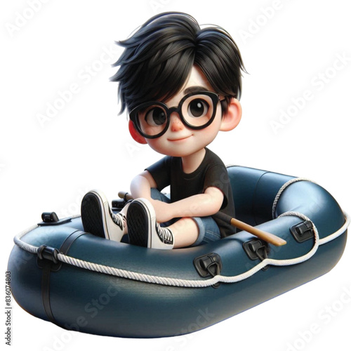 boy sitting on a rubber boat 3D render  
