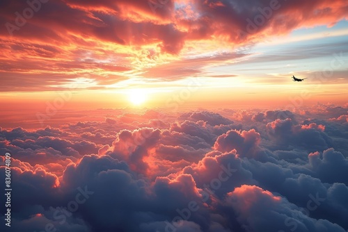 Sunset, sunrise, sky with clouds at twilight, dusk, dawn, flying above the clouds, over the clouds, plane, orange clouds, pink clouds, sunlight, heaven, pastel colors, sky background, Generative AI © Shutter Gems