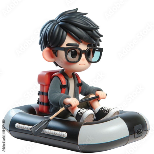 boy sitting on a rubber boat 3D render  
