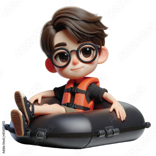 boy sitting on a rubber boat 3D render  

