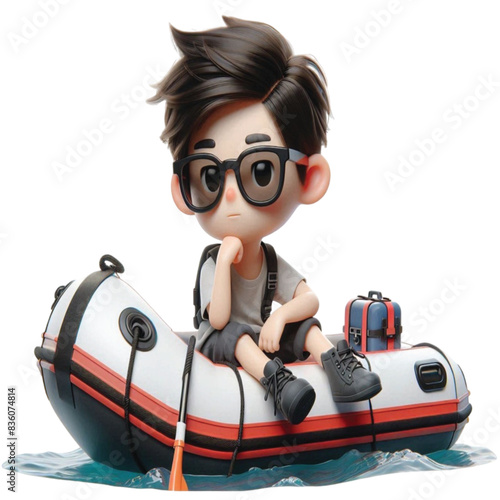 boy sitting on a rubber boat 3D render  

