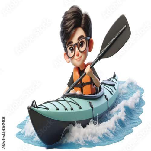 boy sitting on a rubber boat 3D render  
