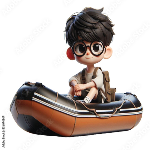 boy sitting on a rubber boat 3D render  
