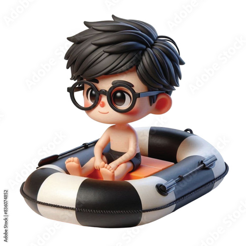 boy sitting on a rubber boat 3D render  
