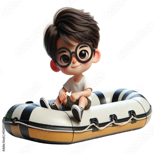boy sitting on a rubber boat 3D render  
