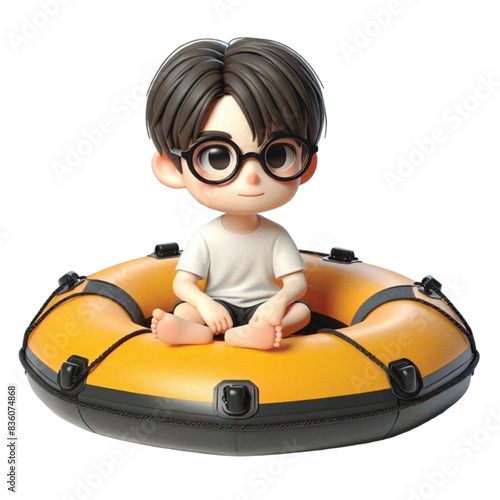 boy sitting on a rubber boat 3D render  
