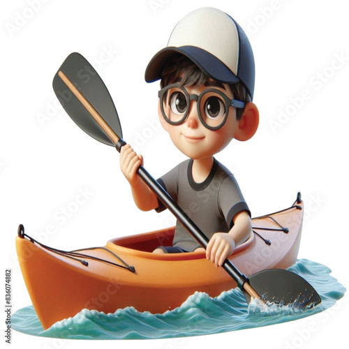 boy sitting on a rubber boat 3D render  
