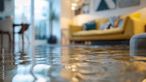 closeup of flooded apartment with blurry background of interior